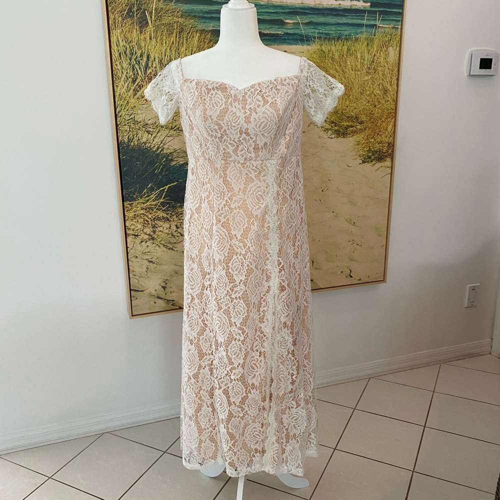 Beige Off Shoulder Lace Overlay Long Dress